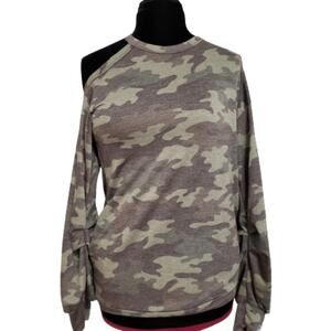 Camouflage One-Sided Cold Shoulder Ruche Sleeve Pullover Top by Awoo